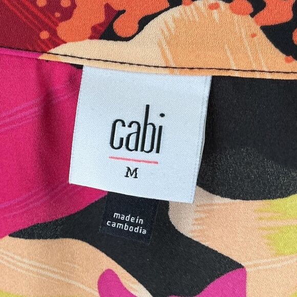 CAbi Top Women M Black Multi Flora Poppy Floral Crepe Long Sleeve Button Blouse - Picture 6 of 7